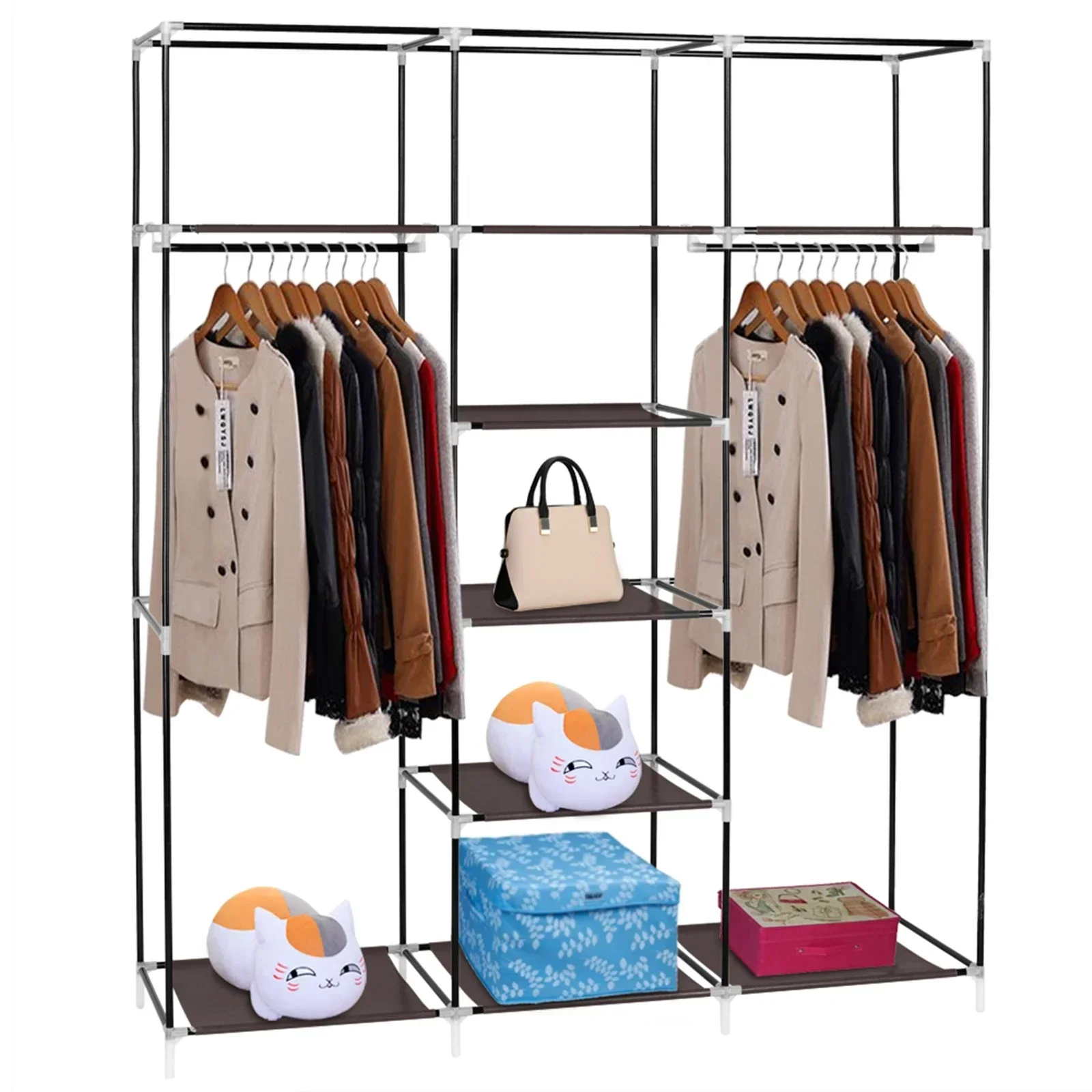 69インチ-ポータブル洋服クローゼット-不織布ワードローブ-ダブルロッド収納オーガナイザー-グレー