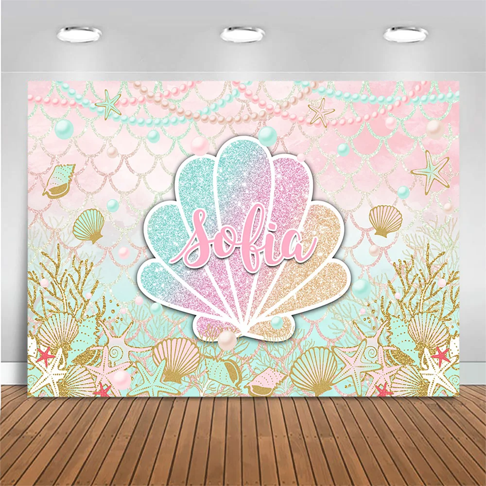 Mocsicka 인어 생일 파티 사진 배경 장식 셸 진주 신생아 Photoshoot 베이비 샤워 배경 이름을 사용자 정의