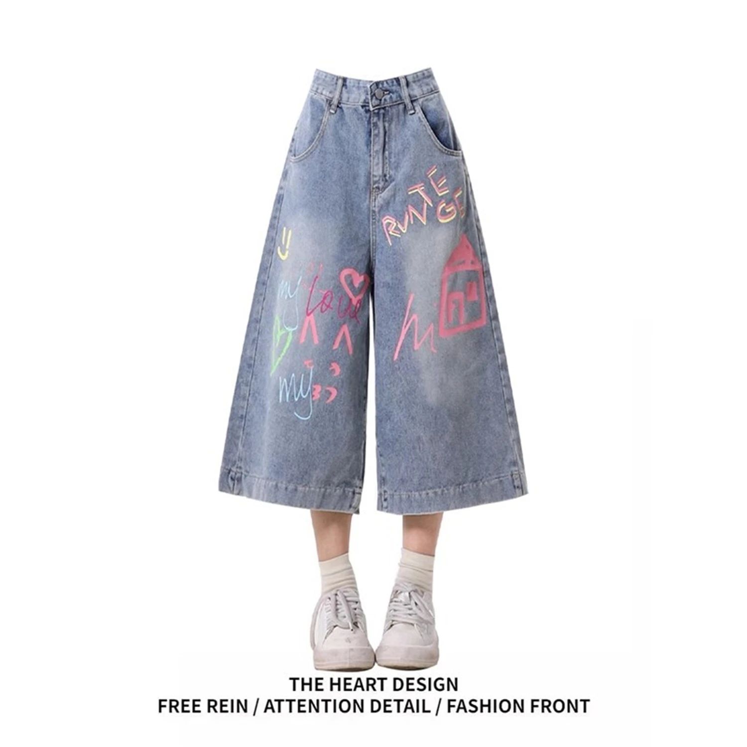 Y2K Women's Vintage Wide Leg Cropped Jeans Colorful Graffiti Print Casual Streetwear Denim Pants with Heart & House Patterns