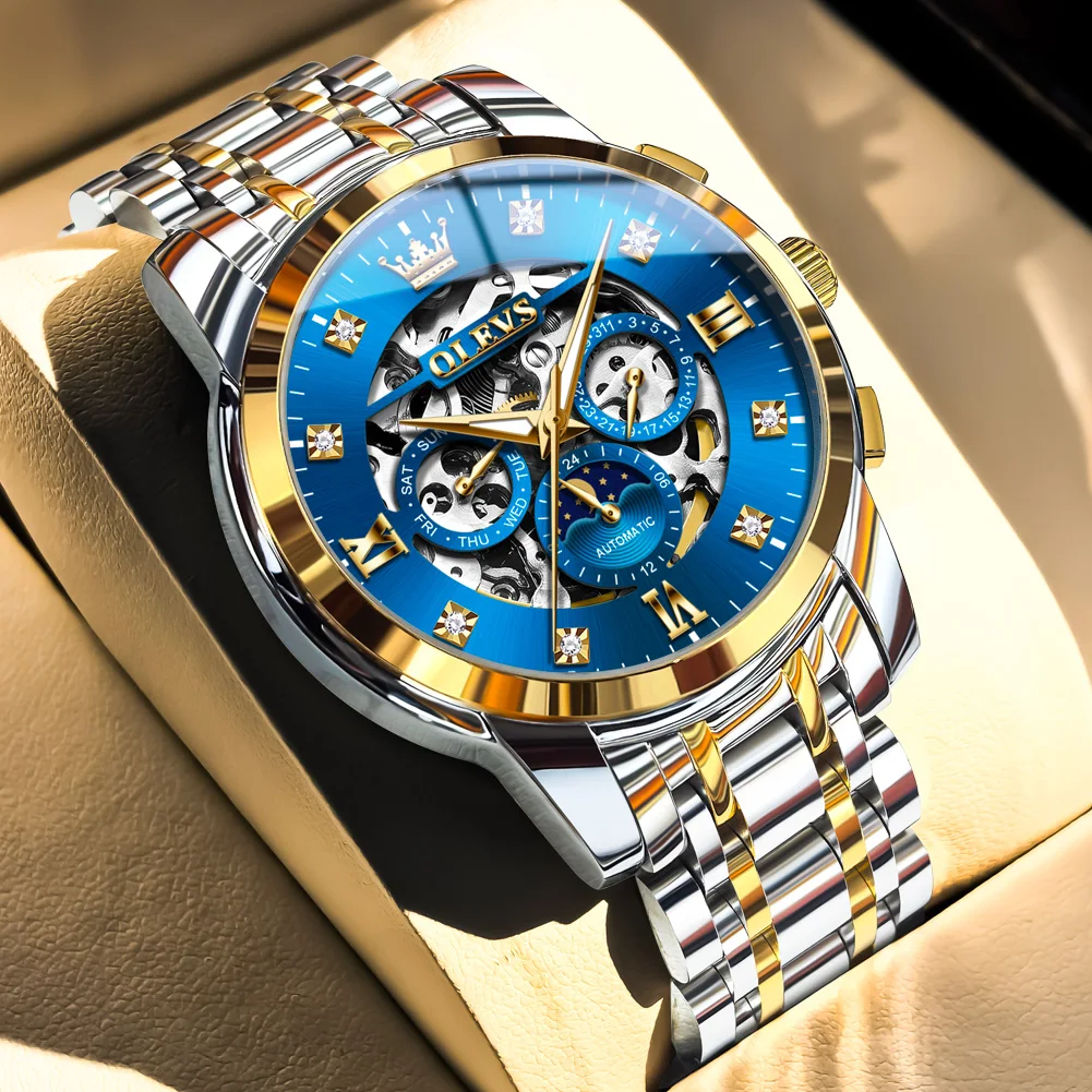 OLEVS Date Moon Phase Automatic Watch For Man Luxury Skeleton Original Designer Mechancial Men's Watches