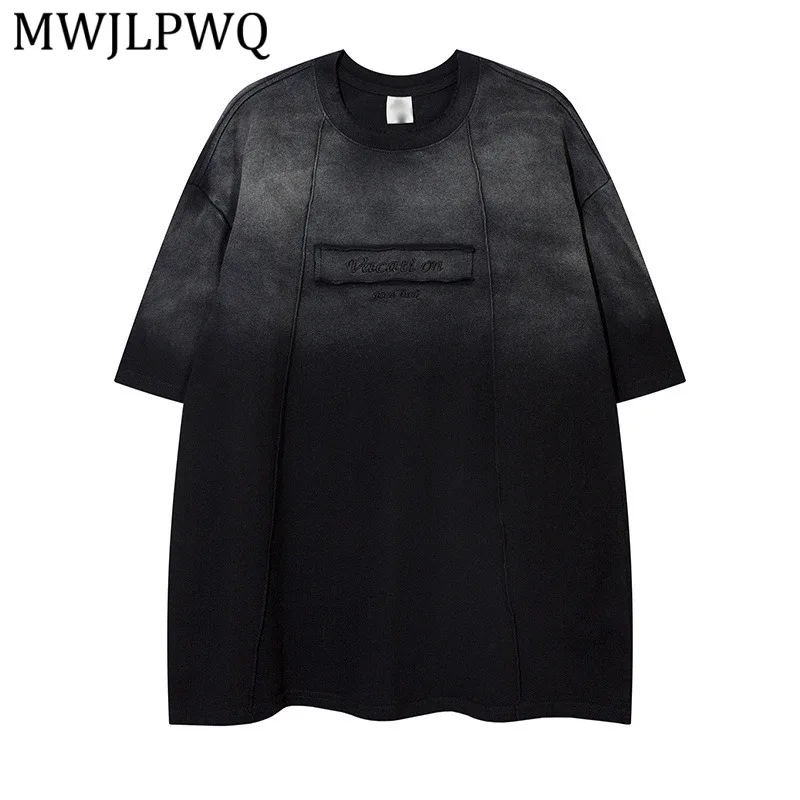 

MWJLPWQ Tie-Dye Gradient Casual Short-Sleeve T-Shirt Men Summer Loose Fit Cotton Deconstructed Patchwork Tops Ins Street 14349