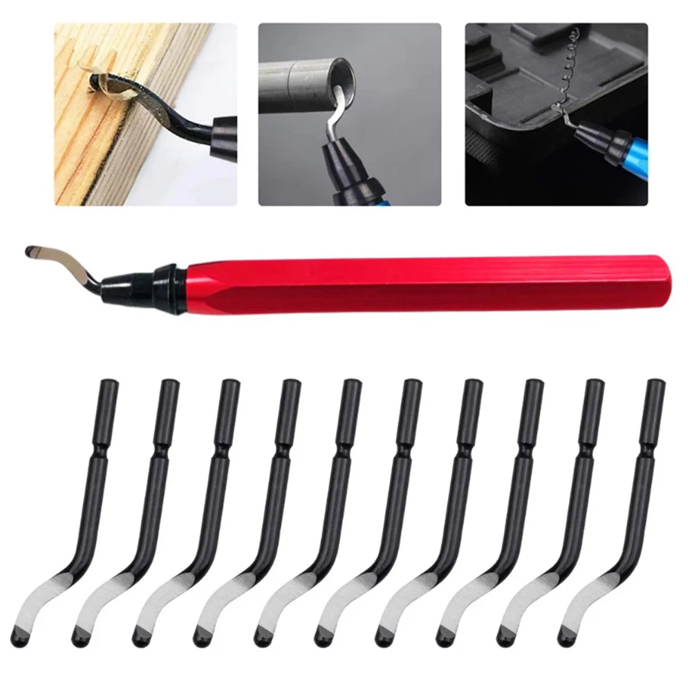 RB1000 Handle Burr Metal Deburring Tool Handle Remover Cutting Tools + 10pcs Rotary Deburr Blade Debur Red For Luminium Copper