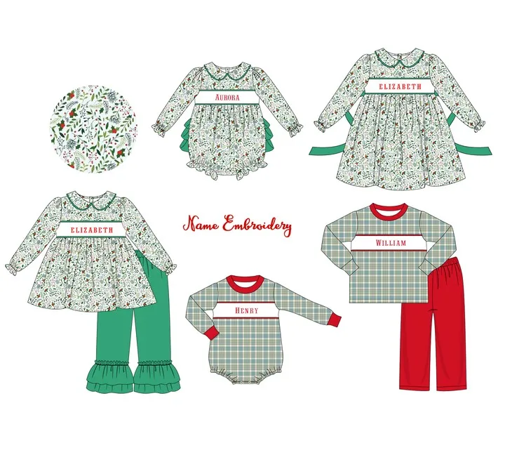 Ropa de algodón personalizable para niña y bebé, modelos de preventa, pelele Floral verde, celosía roja, conjuntos de Ropa con lazo