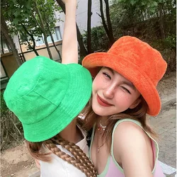 Women Girls Bucket Caps towel fabric soft handfeel outdoor Sun Hats candy color street hip hop fashion headwear