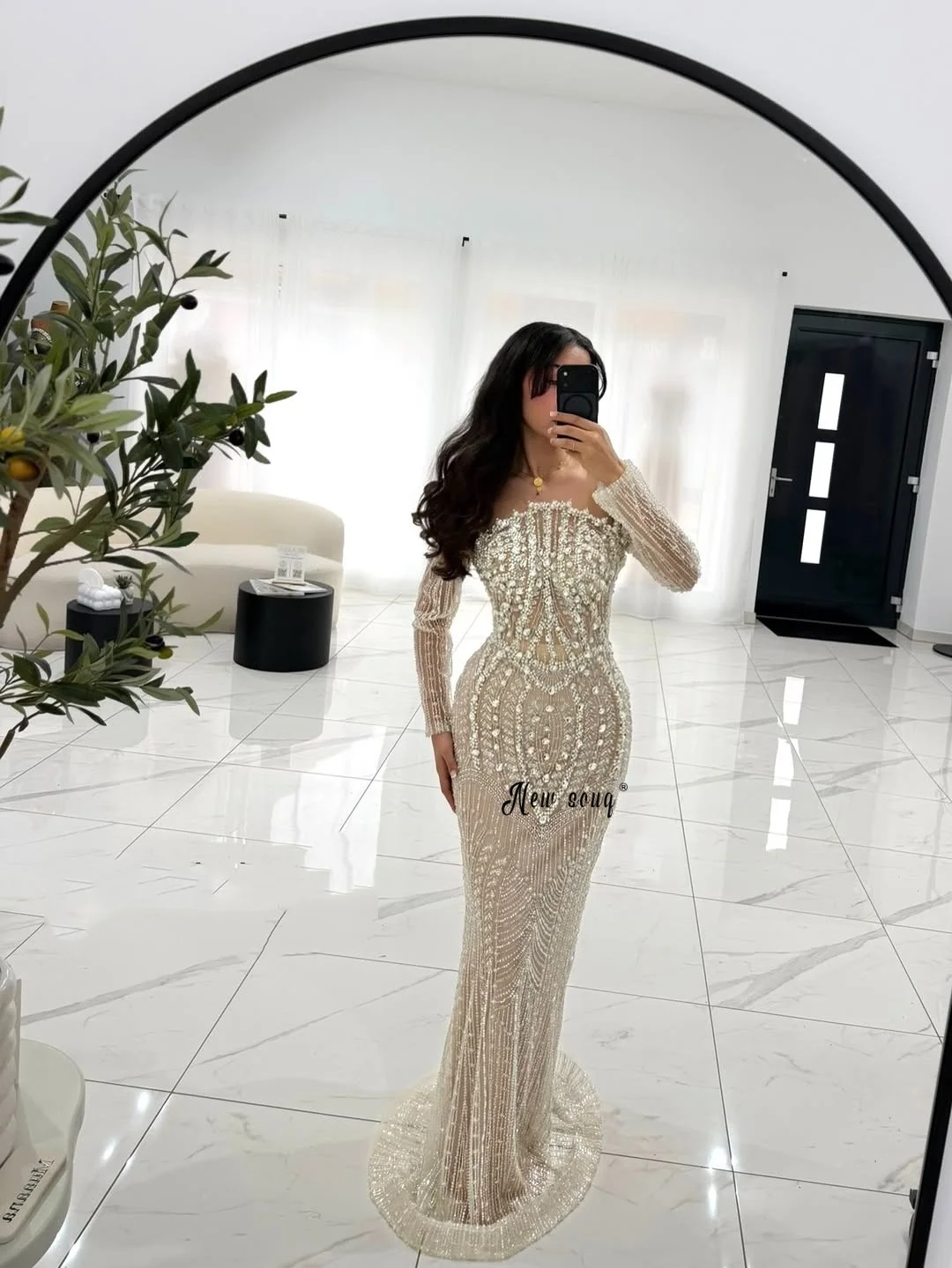 champagne long sleeve prom dress Dark Champagne Sparkly High Slit Long Sleeves Evening Dress