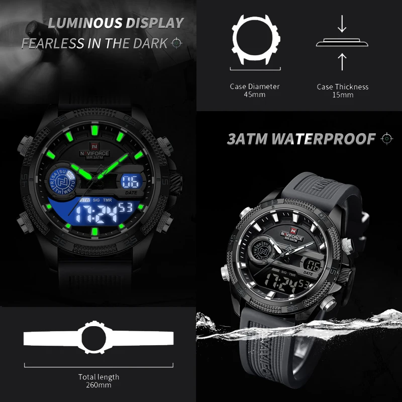 NAVIFORCE Comfortable Silicone Strap Male Wristwatch LCD Display Luminous Military Man Clock Waterproof Electronic Gifts for Men