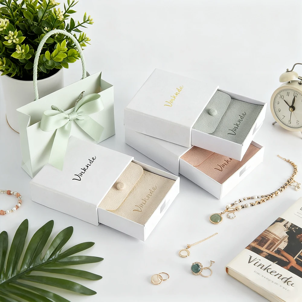 

8x8x1.7cm Drawer Storage Box Rigid Paperboard Jewelry Packaging Bracelets Earrings Pendants Organizer Gift Boxes With Snap Bag