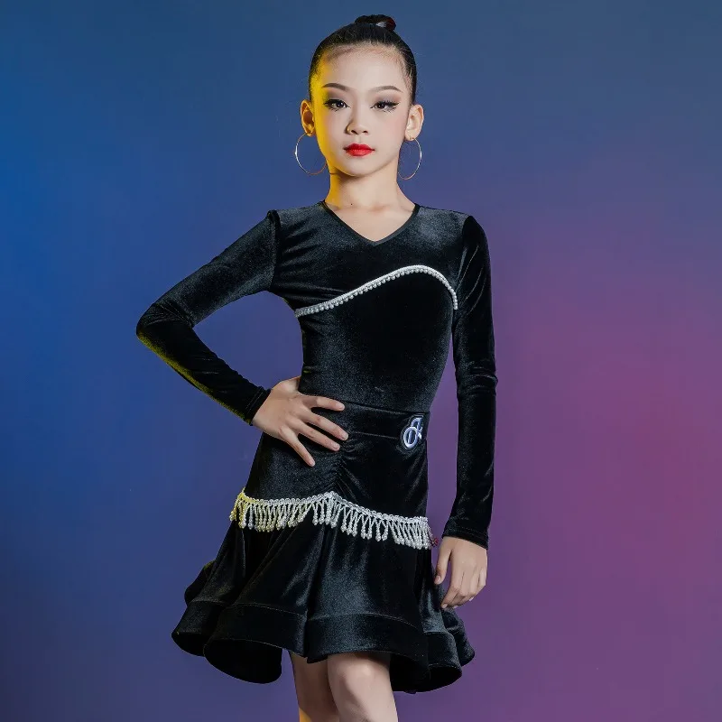 High End Kids Latin Dance Wear Girls Velvet Practice Dress Autumn Winter Warm Training Performance Competition Costumes