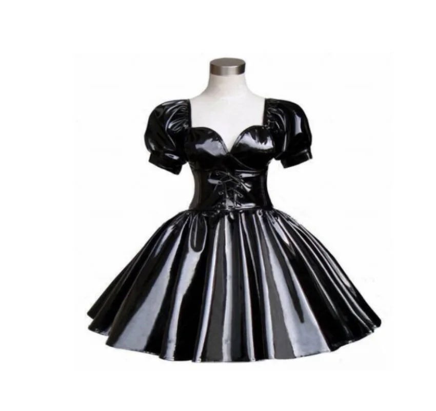 Gothic Sexy Low Neck Dress PVC Girl Sissy Adult Maid Fluffy Bubble Sleeves Princess Dress Customizable In Multiple Colors