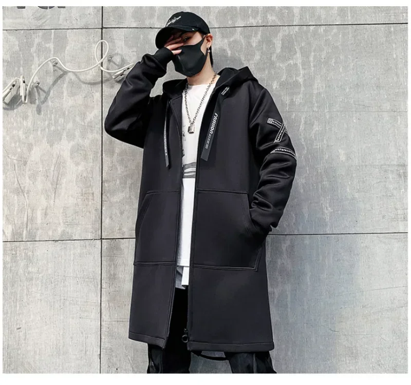 Autumn Men Hooded Jackets Print Harajuku Windbreaker Ribbon Version Overcoat Male Trendy Casual Outwear Hip Hop Streetwear Coats