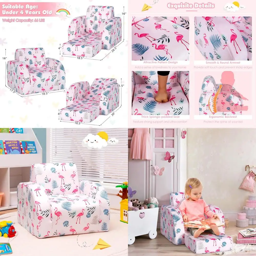 

3-in-1 Convertible Sofa with Padded Seat, Toddler Armrest Chair, Bed or Nap Play Sleep Lounger for Kids