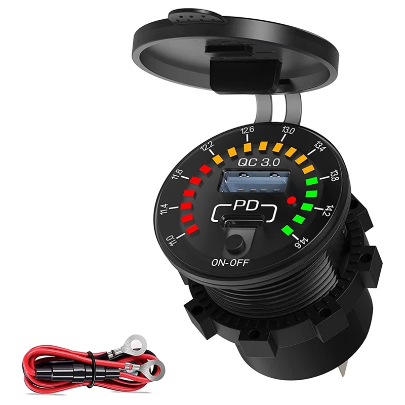 

ABEP-18W Type C PD Socket Fast Charger with Waterproof LED Voltmeter Switching Power Switch for Car Boat TruCk