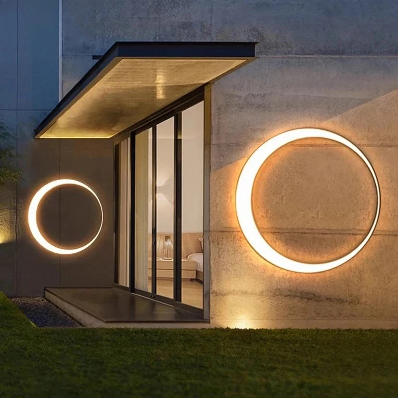 Modern IP65 Waterproof LED Outdoor Wall Light Villa Terrace Garden Street Light Round Moon Background Porch Lamps