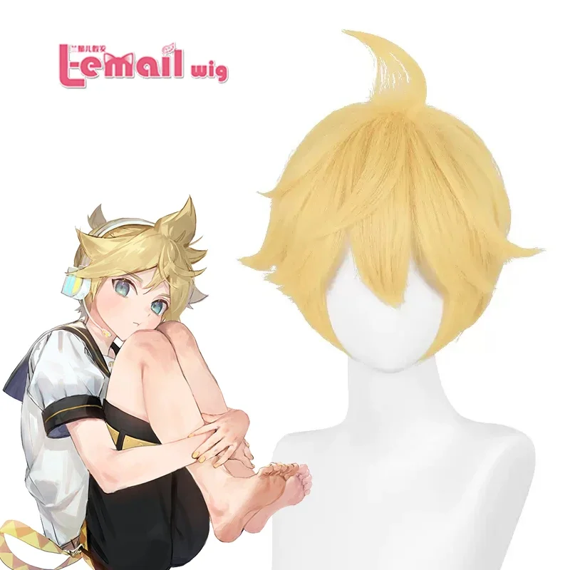 Kagamine Rin Len Anime Cosplay Wig, peruca L-email, peruca amarela dourada curta, perucas de moda resistentes ao calor, 30cm