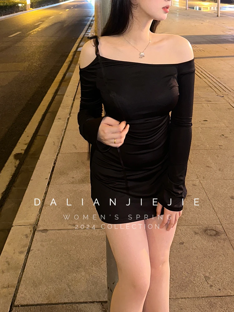 WOMENGAGA Sexy Slant Neck Off Shoulder Dress elegant for Women 2024 Spring New French Slim Black Long sleeve Short dress C459