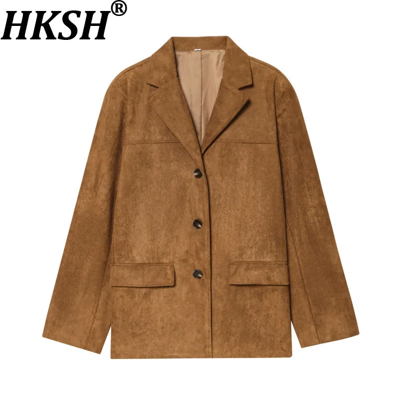 

HKSH Spring Autumn New Women's Blazer Notched Collar Single Breasted Faux Suede American Retro Office Lady Elegant Coats HK15865