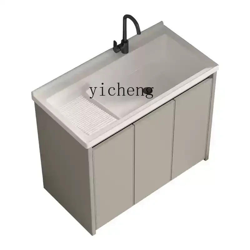 

TQH Balcony Laundry Pool Ceramic Basin Integrated Cabinet Laundry Cabinet Washbasin with Rub Board Laundry Table