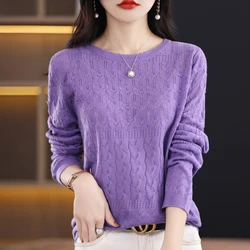 Worsted Wool Sweater Women's Spring 2023 New Western-Style Solid Color Round Neck Top With Long Sleeve Bottom Hollowed-Out Thin