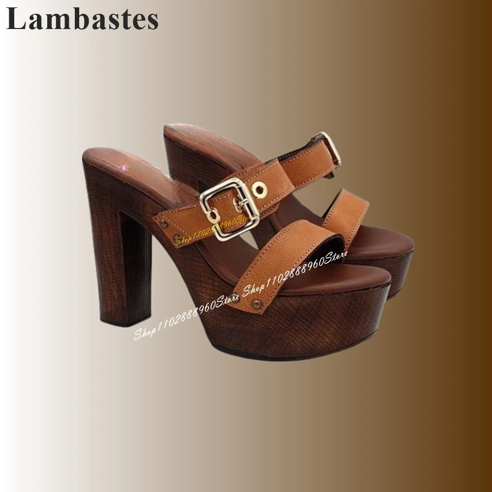 Trending Brown Buckle Strap Platform Slippers Chunky High Heel Women Shoes Slip On Open Toe 2024 Fashionable Zapatos Para Mujere