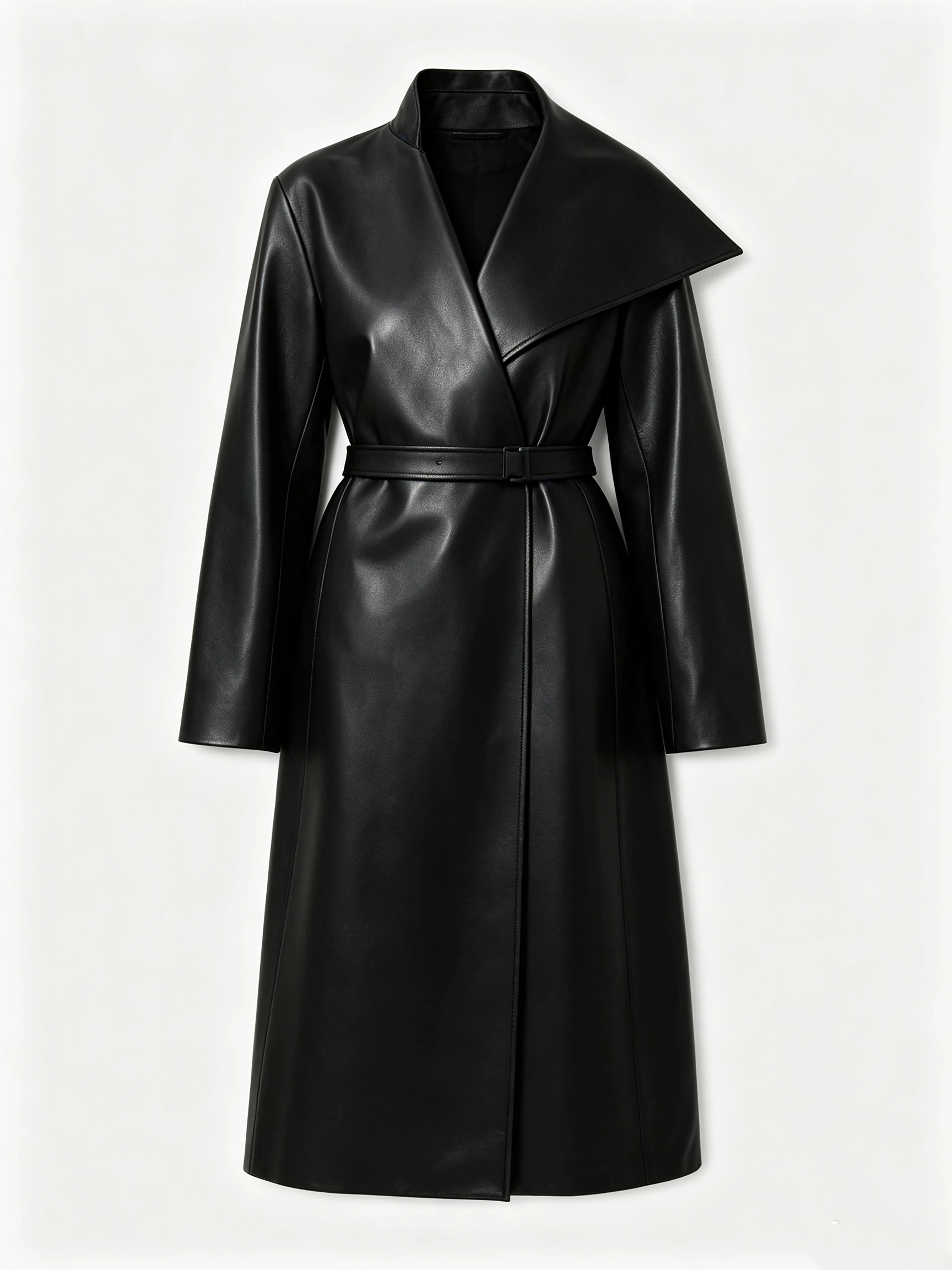 Women's Faux Leather Long Coat with Oversized Collar and Cinched Waist