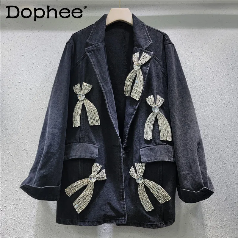 

Heavy Industry Rhinestone Bow Decorative Denim Blazer Women 2024 Autumn New Hipster Suit Collar Loose Black Denim Coat Jacket