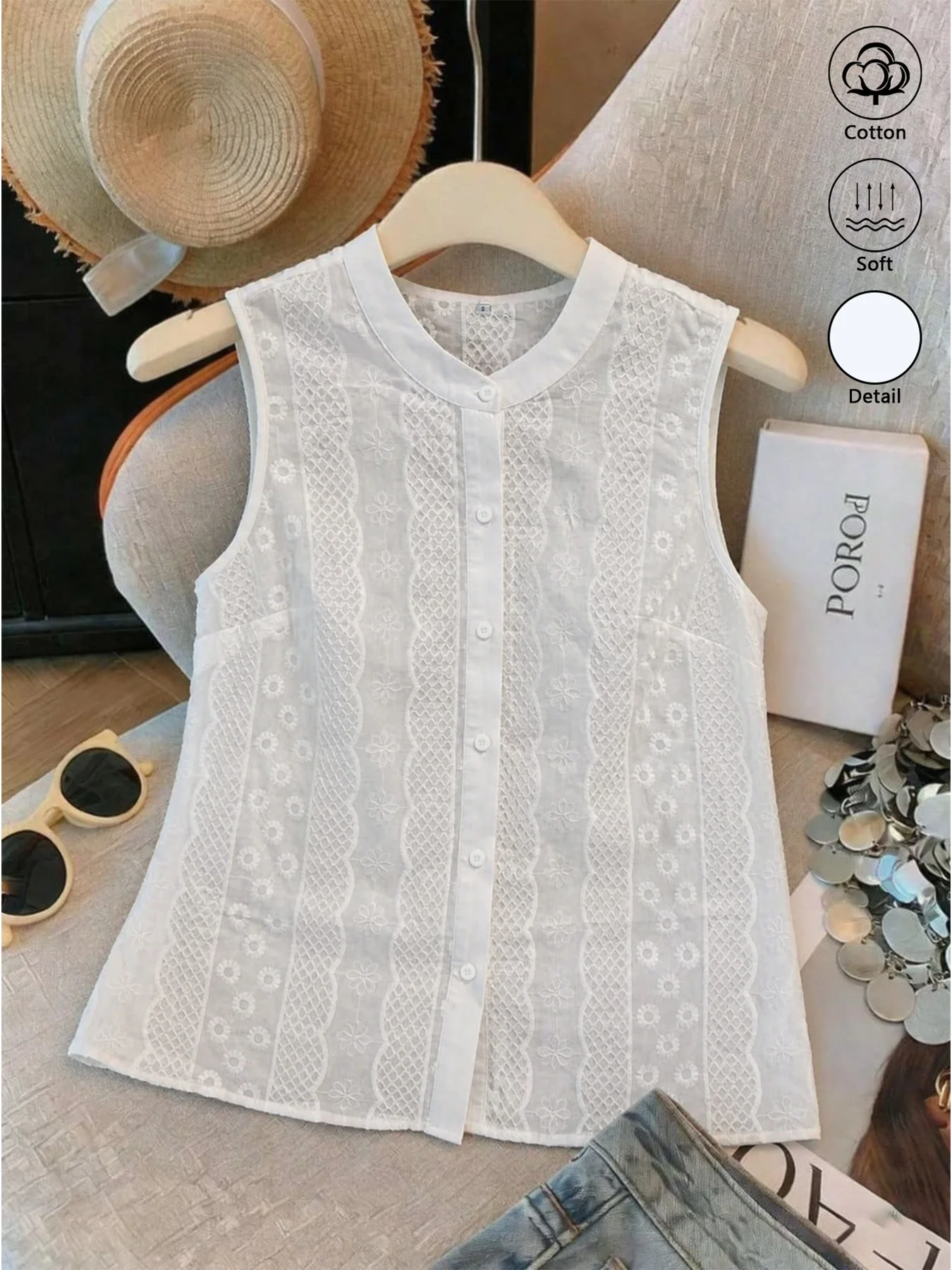 Women's 100% cotton shirt featuring a small stand collar, full-button front, and cut-out embroidery—a casual, vacation-style top