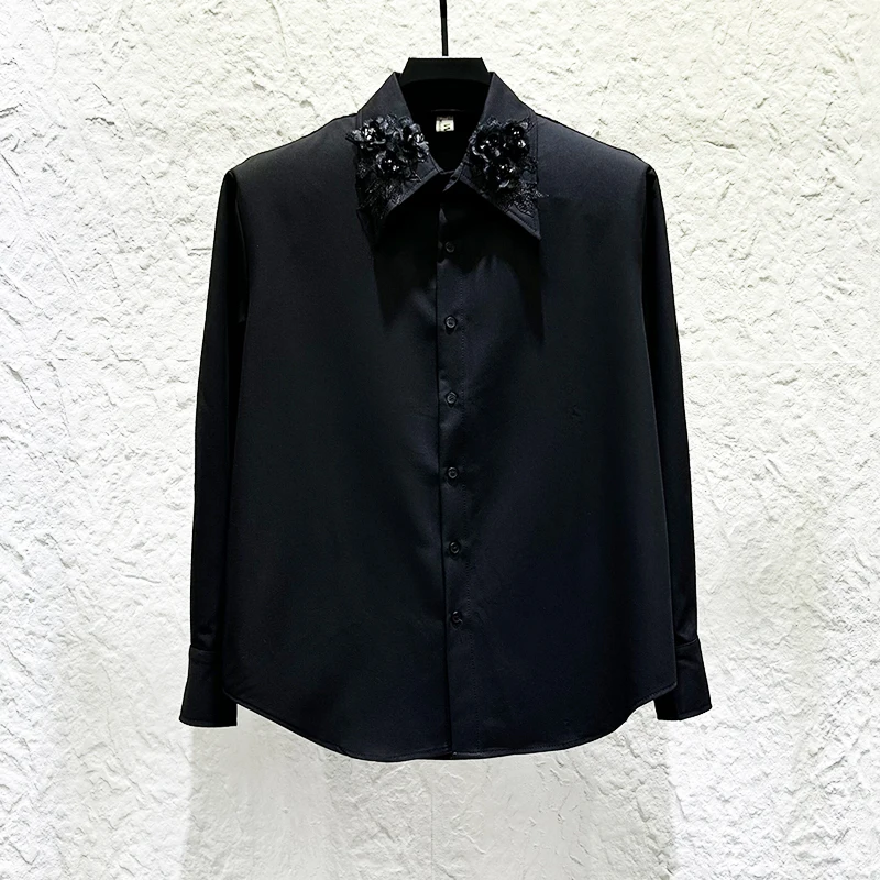 الفاخرة ثلاثية الأبعاد المطرزة زهرة طويلة الأكمام قميص الرجال شخصية الإبداعية القمصان العصرية فضفاضة الاجتماعية مأدبة حفلة قميص غير رسمي