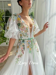 Lucy-vestidos de novia línea de fiesta de boda, tela con bordado Floral, vestidos de noche lujosos, elegantes, personalizados, 2024