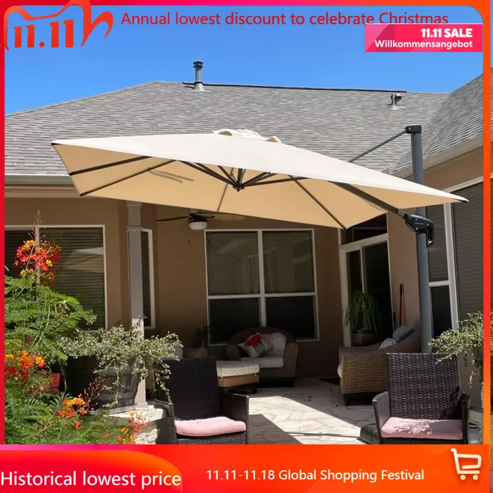 6' X 10' Left-right Tilt Patio Umbrella with Base Outdoor Cantilever Swivel Rectangle Umbrella Aluminum Offset Umbrella with 360