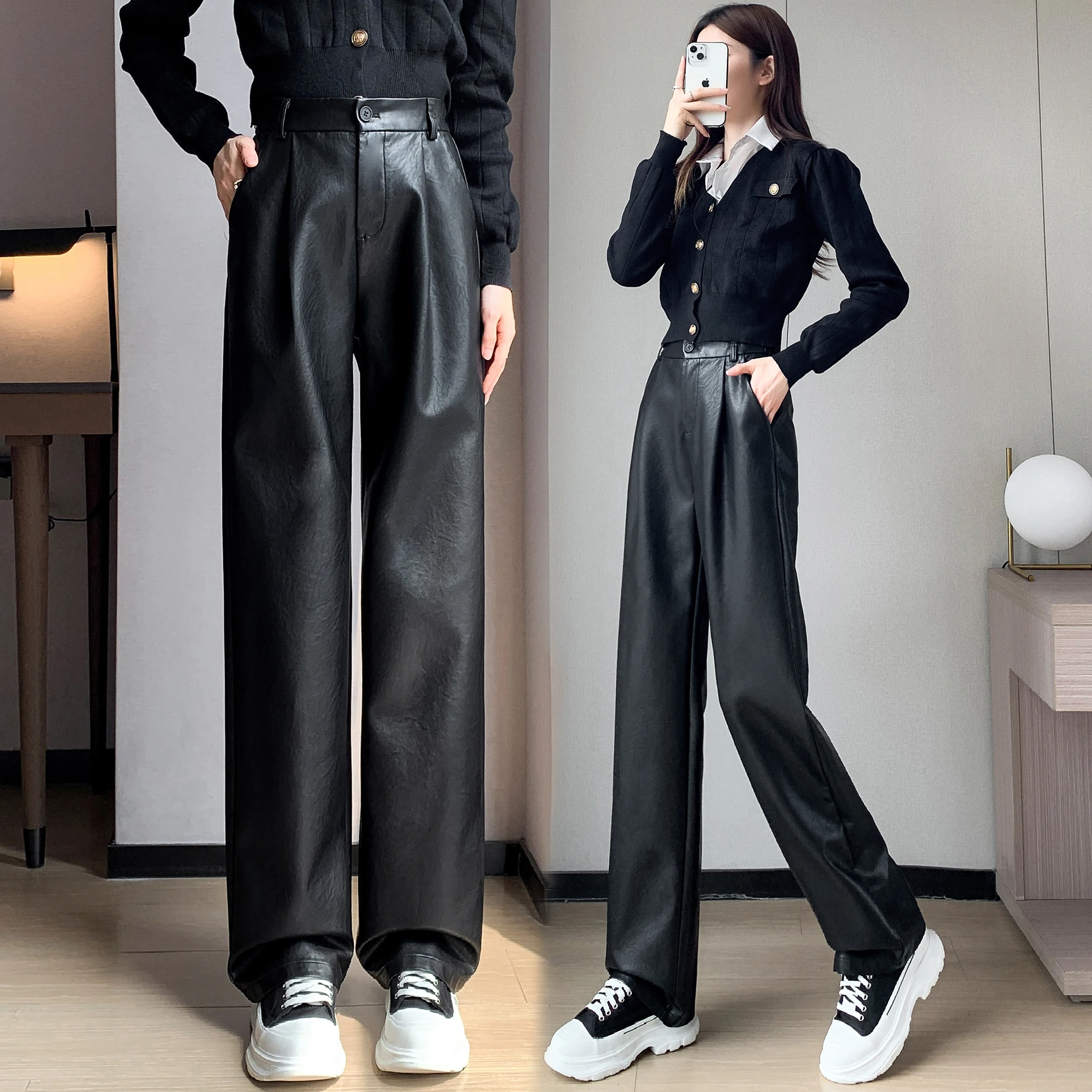 New 2024 Autumn Winter Leather Pants For Women Korean Fashion Wide Leg Loose Black Trousers Woman High Waisted Pantalones