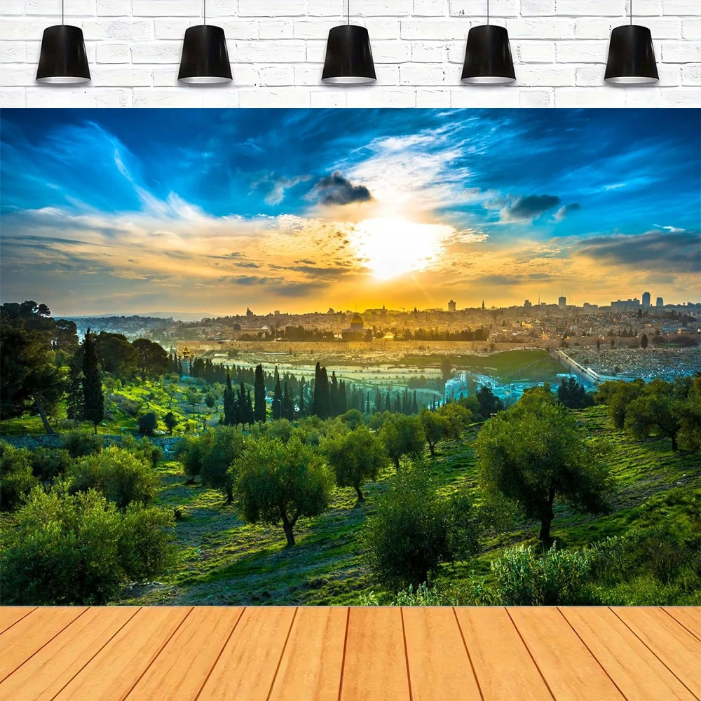 Fondo de fotografía con vista al atardecer de la vieja ciudad, Jerusalén, montaje de aceitunas, cúpula de la roca, paisaje urbano de Jerusalén, fondo temático