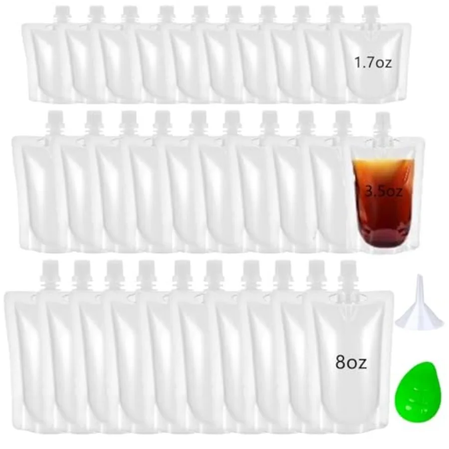 30 Pack Liquor Pouches with Screw on Cap Disposable Drink Pouches Beverage Bags 1.7OZ 3.5OZ 8OZ Portion Juice Pouch Carrier Smo