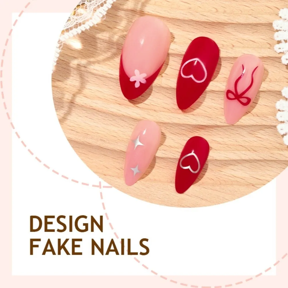 

24Pcs New Detachable False Nail Heart Full Cover Fake Nail Bowknot Wearable Nail Tips Women