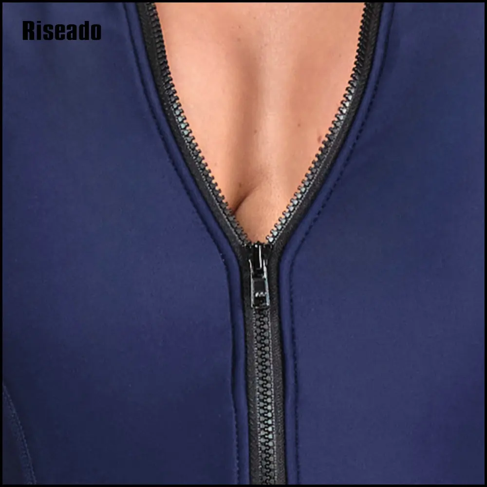 Costume da bagno intero da donna costume da bagno imbottito Rash Guard a maniche lunghe protezione UV muta da Surf blu Navy con Zip frontale