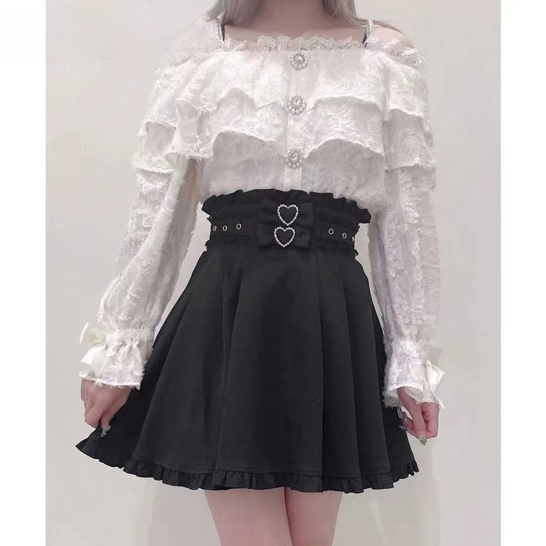 Rojita Camicia da donna a maniche lunghe con spalle scoperte e cinturino in perle Autunno stile giapponese Lolita Dolce e carino camicetta versatile per ragazze