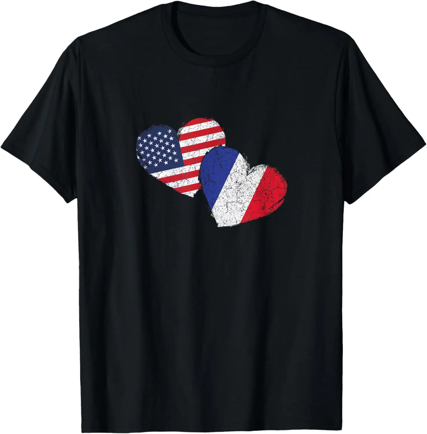 

USA France Heart Flag Graphic Tee Distressed Cotton Short Sleeve Casual T-Shirt Unisex Trip