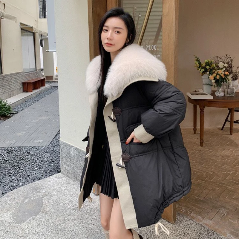 2025 New Winter Down Jacket Women Overcoat Imitation Fox Fur Collar Horn Buckle Long Thick Parker Coat Down Jacket Fur Coat