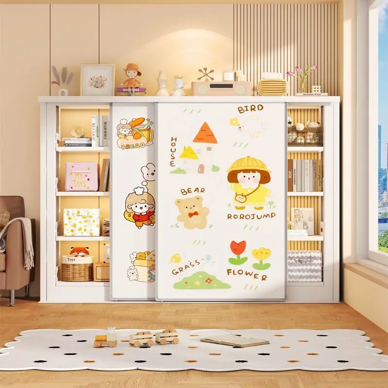 Double whiteboard door with bookshelf double track sliding door steel dust-proof bookcase against the wall study living room