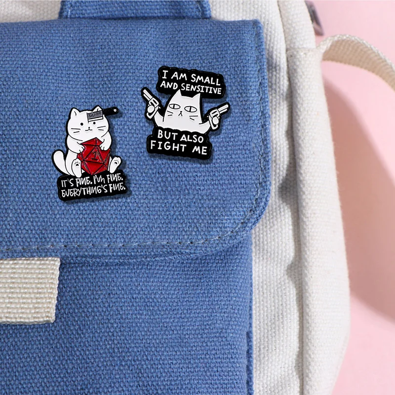 Wholesale It's Fine I'm Fine Cat Collection Enamel Pins Pistol Handgun Knife Kitty Brooches