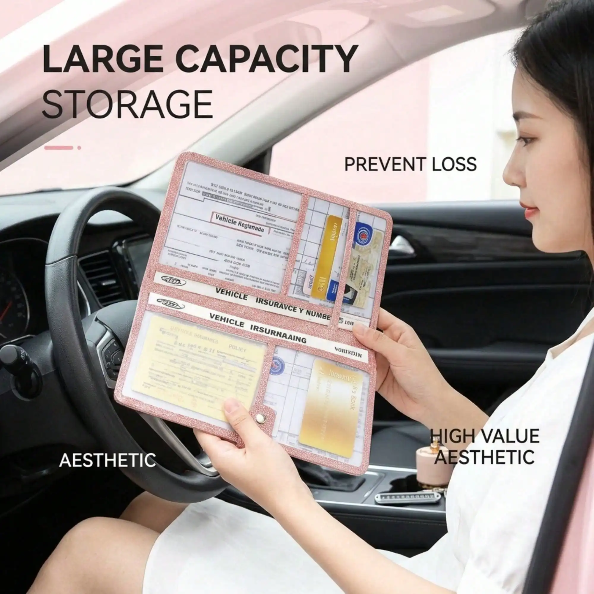 Car Registration & Document Holder Sparkly Pink Car Document Wallet Compact Lightweight Multi Compartment Storage For Auto Registration Insurance License Cards