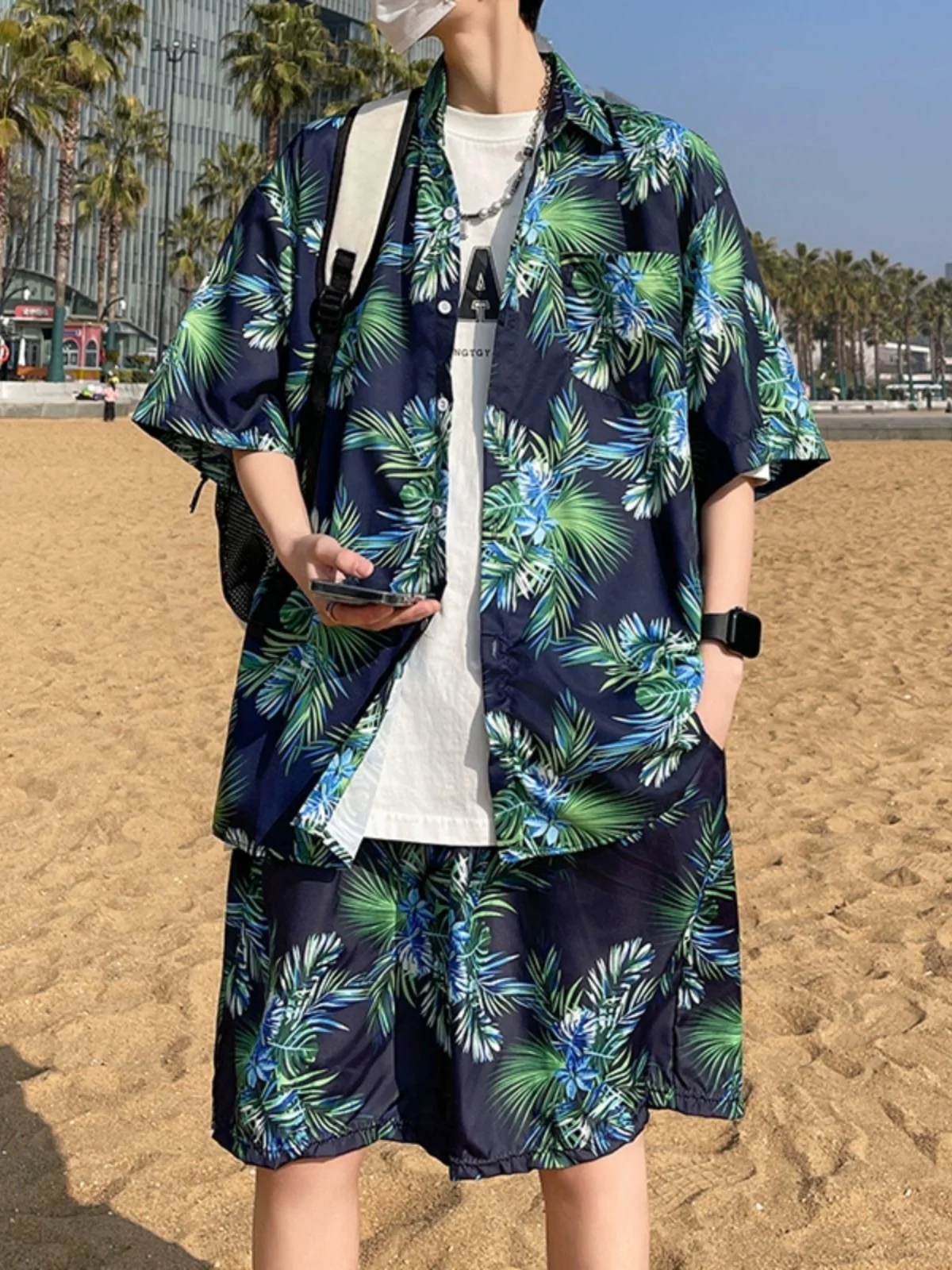 Hawaii Summer Leisure Ice Silk Quick Dry Beach Shorts Men's Clothing Travel Vacation Shirt Set Youth Popular Loose Fit Polyes...