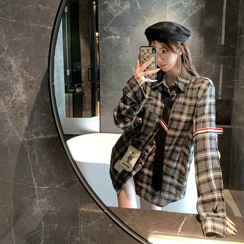 

Женская клетчатая рубашка KKK Studio, повседневная, свободного кроя, с длинными рукавами, весна-осень, новая модель, с воротником-бантом, корейский стиль, из смесового хлопка