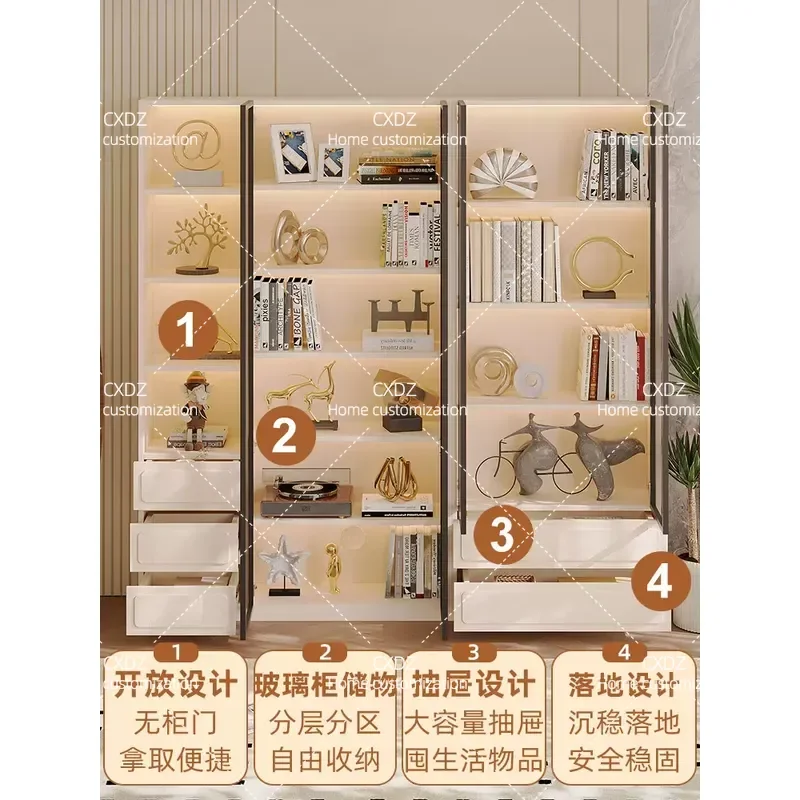 Living room display bookcase light luxury high sense whole wall French bookshelf with glass door home combination display