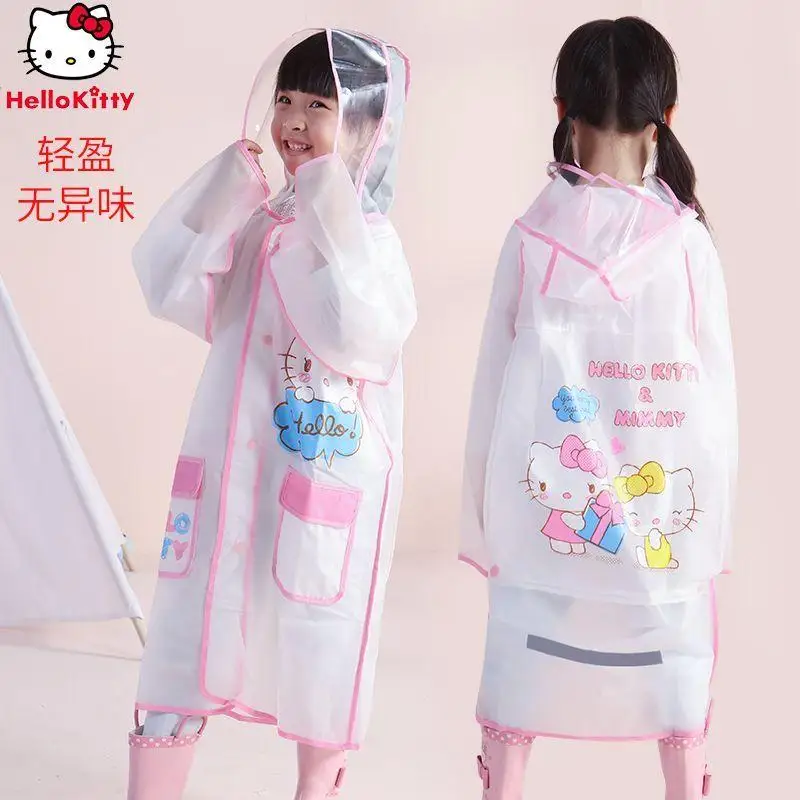 Kawaii Kids Hooded Raincoat Hello Kittys Girls Boys Rain Coat Poncho Student Raincoat Cover Long Rainwear Waterproof Hooded Gift