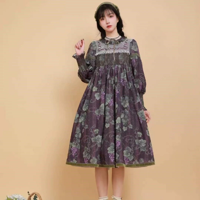 Retro Victorian Lolita OP Dress Gothic Women Chic Grape Print Long Sleeve Princess Dress Elegant Girly Harajuku Y2k Party Dress