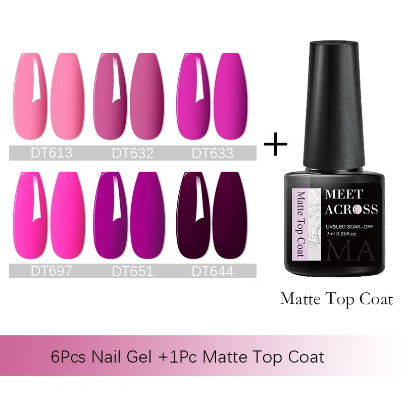 MEET ACROSS 7Pcs/Set Gel Nail Polish Set With Matte Top Coat Nude Red Pink Nail Art Soak Off Gel Polish Kit Manicure for Nails