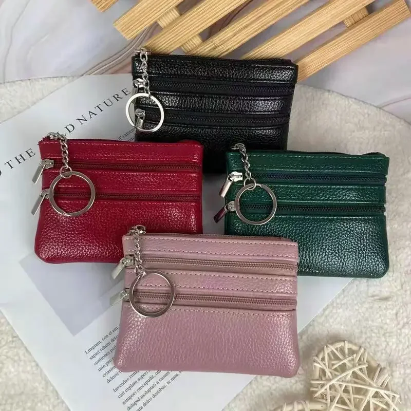 Porte-monnaie en cuir véritable rose pour femme, portefeuilles féminins, fermeture éclair, sacs de poche de rangement, vert, noir, mini porte-monnaie