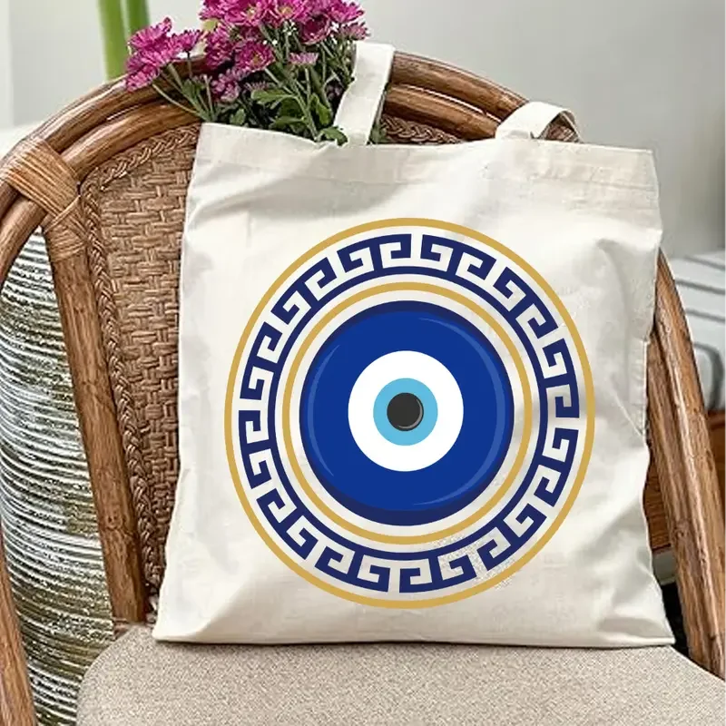 Evil Eye Canvas Tote Bag Vintage Aesthetic Shoulder Bag for Women Students Large Capacity Book Handbag Eco-friendly