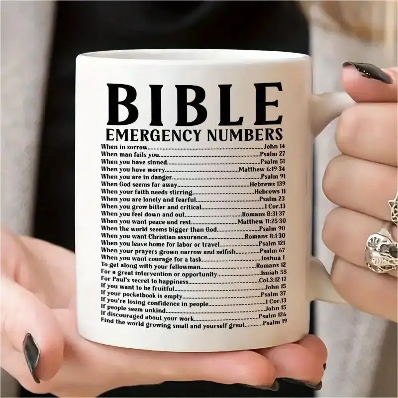 

3A Grade BIBLE EMERGENCY NUMBERS Funny Humorous Bible Quotes Coffee Mug - 11 oz Ceramic - Decorative Tea Cup - Ideal Birthday/Ho