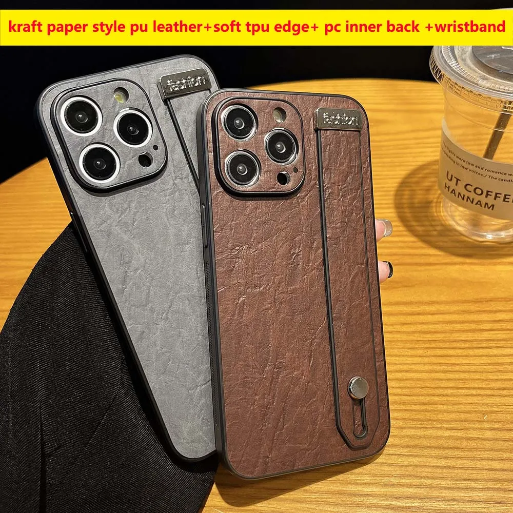 Kraft Paper Style PU Leather Wristband Case For iPhone 15 14 13 12 11 Pro Max Camera Protection PU TPU PC Shockproof Cover Skin